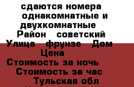 сдаются номера . однакомнатные и двухкомнатные . › Район ­ советский › Улица ­ фрунзе › Дом ­ 1 › Цена ­ 1 400 › Стоимость за ночь ­ 1 000 › Стоимость за час ­ 350 - Тульская обл. Недвижимость » Квартиры аренда посуточно   